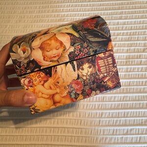 Decorative Vintage-Style Trinket Box in Multicolor Floral & Cherub Print